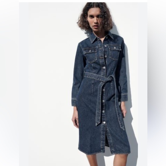 Zara Dresses & Skirts - Zara button down midi denim belted dress